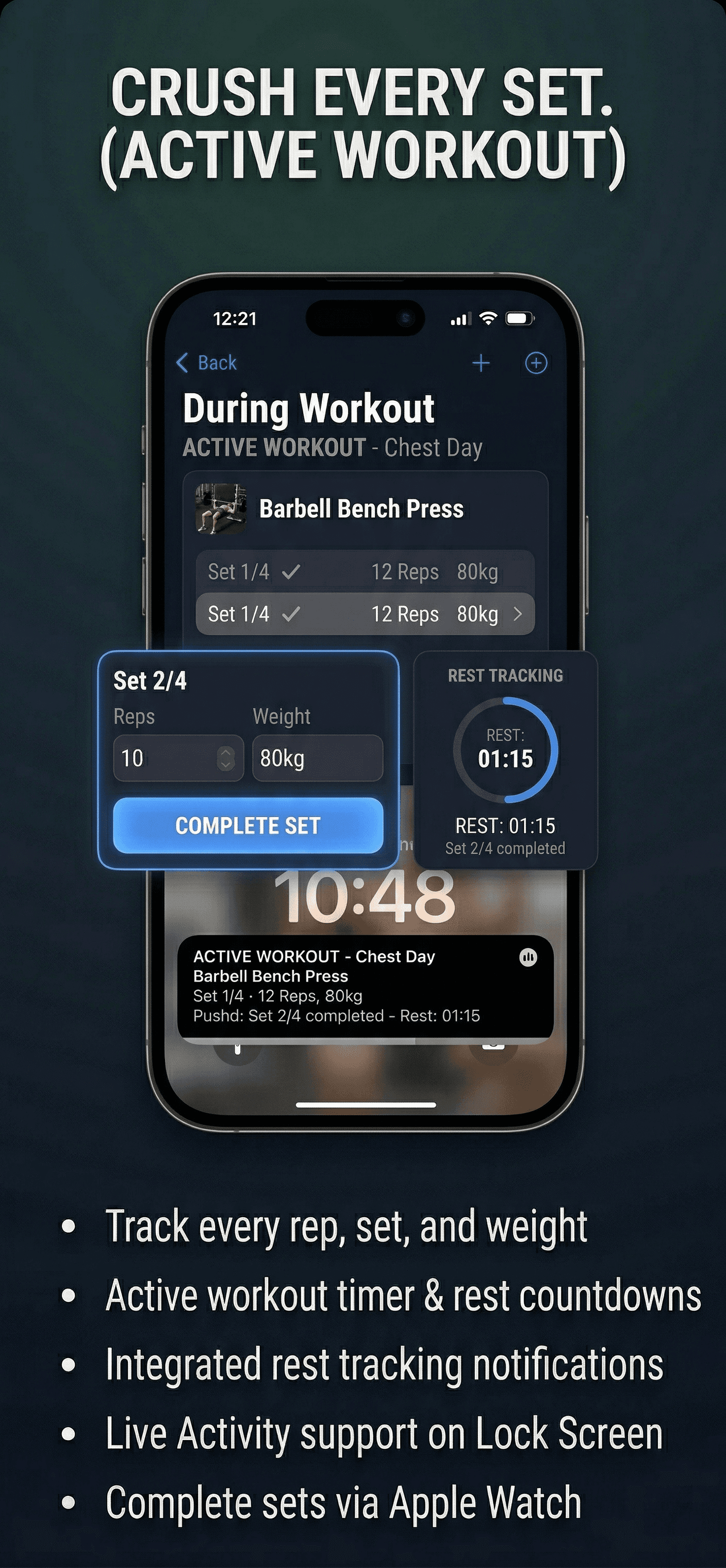 Active workout tracking with rest timer